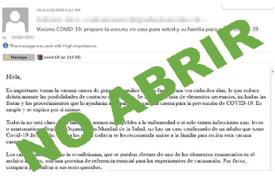 ⚠️ALERTA⚠️
¿Has recibido un mail "Vacuna Covid-19: prepare la vacuna en casa para usted y su familia para evitar el COVID-19" adjuntando un fichero comprimido .zip?
 
Si lo abres instalará un troyano que copiará las pulsaciones del teclado cuando conectes con tu banca electrónica