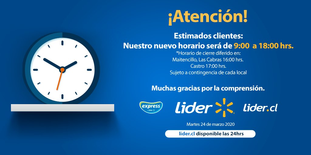 LIDERcl's tweet image. #JuntosNosCuidamos❤💙 
Informamos que desde hoy el horario de nuestros locales será de 09:00 a 18:00 hrs sujeto a contingencia de cada local.
Recuerda venir solamente si es necesario. Si tienes consultas puedes comunicarte con nosotros al whatsapp +56957211492