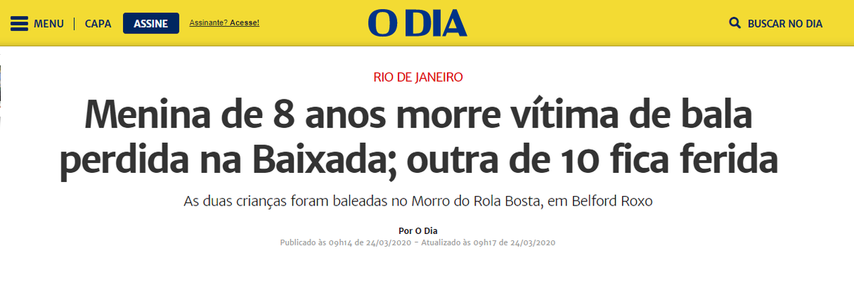 Uma menina de 8 anos morreu, e outra, de 10 anos, ficou ferida após serem atingidas por bala perdida no Morro do Rola Bosta, no Piam, em Belford Roxo, na tarde desta segunda-feira (23). odia.ig.com.br/rio-de-janeiro… #TirosRJ #FogoCruzadoRJ