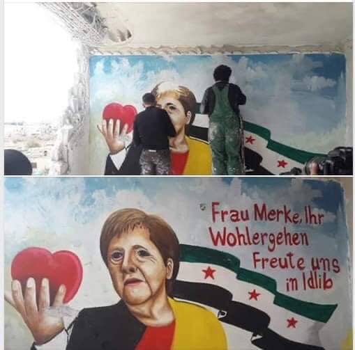 Lieber <a href="/RegSprecher/">Stefan Kornelius</a> Dies wurde heute in Idlib #Syrien an die Wand eines zerstörten Gebäudes gemalt. Trotz kleinerer Fehler, eine warme Geste der Menschen dort. 🙏🏻