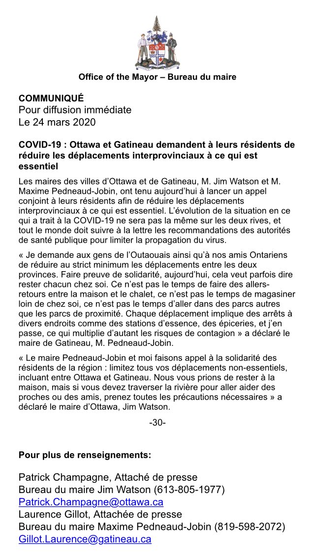 Mayor @MPedneaudJobin and I are calling on residents of the national capital region to reduce their interprovincial travels to essential trips. 

Veuillez limiter tous les déplacements non-essentiels, incluant entre Ottawa et Gatineau.