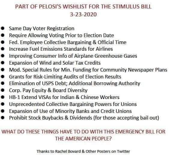 hobscotch59's tweet photo. Is this true, @SpeakerPelosi? Cramming this extra "stuff" into the #CoronaVirusReliefBill is WHY it didn't pass? Can we please have #LINEITEMVETO? Shame on Pelosi & all Dems allowing this nonsense while Americans are suffering & worried.
#ElectionDayIsComing!! #VoteThemAllOut https://t.co/sDZpCxOCPJ