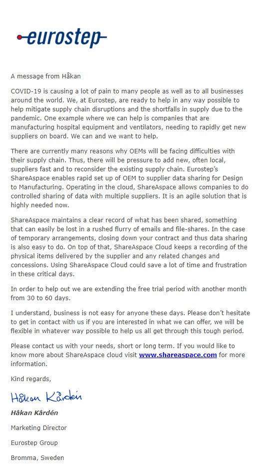 Eurostep's tweet photo. Amid the #SupplyChains chaos caused by the #pandemic, here's a letter from our Director of Marketing @HakanEurostep. 

Please get in touch with us if you are #manufacturing #medical #equipment, we are looking to help you out in these difficult moments!

https://t.co/TFAWqEEG5z https://t.co/Ns36Z2bX5h