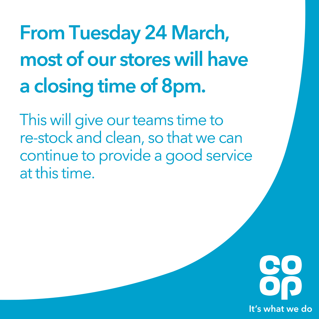 coopuk's tweet photo. From tonight our stores will be closing earlier than usual to give our colleagues a chance to replenish our shelves as well as giving them a well-needed rest. For more information head to https://t.co/yEhKCx8J0p #FoodHeroes #FeedingTheNation
