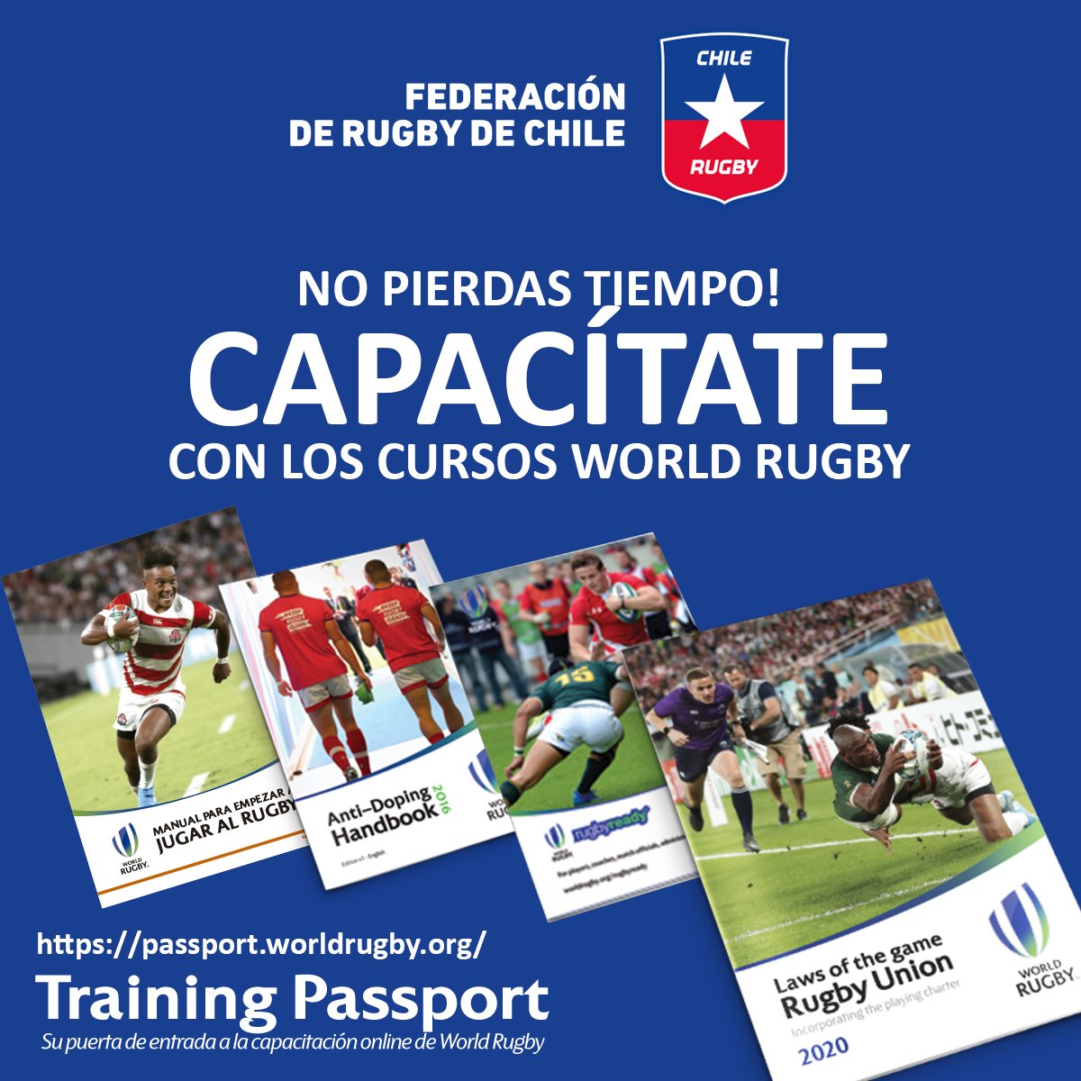 chilerugby's tweet photo. Que el tiempo en casa no sea excusa para no entrenar!
Estaremos compartiendo con ustedes los cursos disponibles en @worldrugby_es además de otras sorpresas.
Entra a la dirección señalada en la imagen y obtiene tu pasaporte para los cursos como Arbitraje, Coaching y más! https://t.co/aHFT9XoaCN