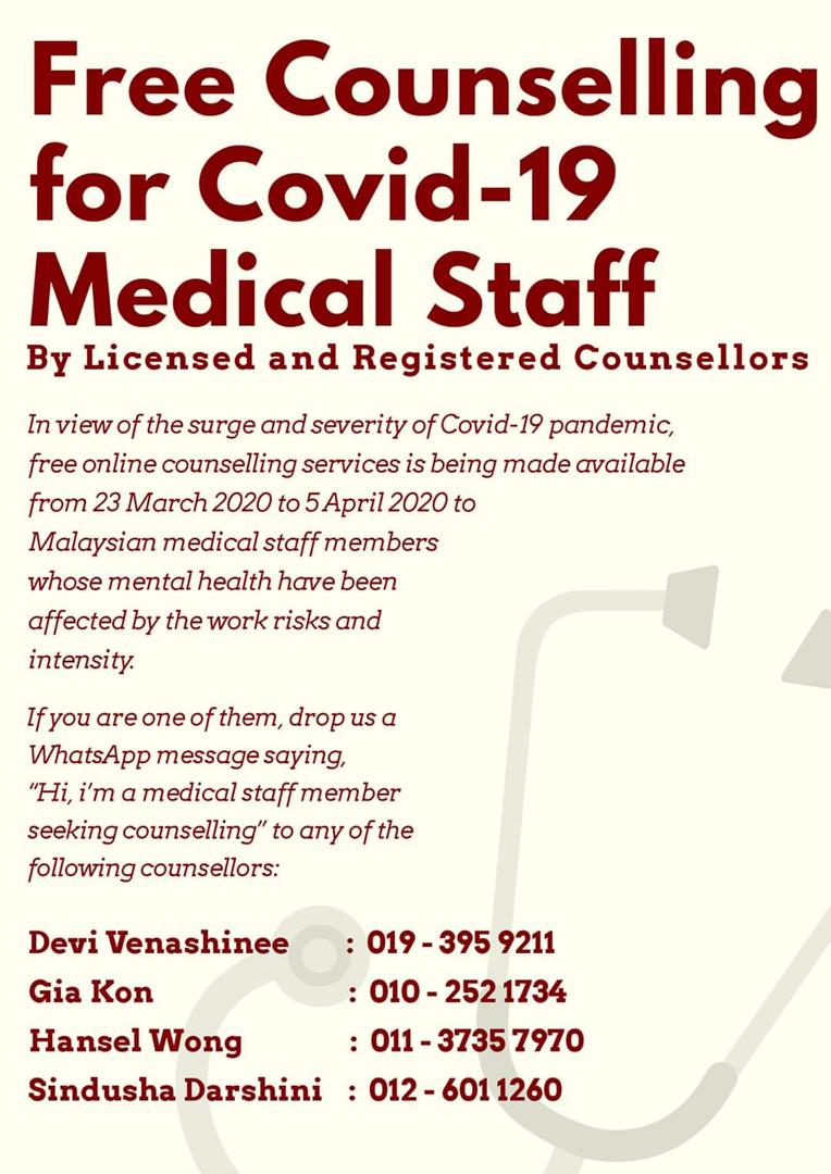supernowoczesna's tweet photo. Free online counselling for COVID-19 medical staff in Malaysia! Please pass it on to anyone who might benefit 🙏🏻 #FrontlinersFirst #KitaJagaKita https://t.co/UNl1wLTydO