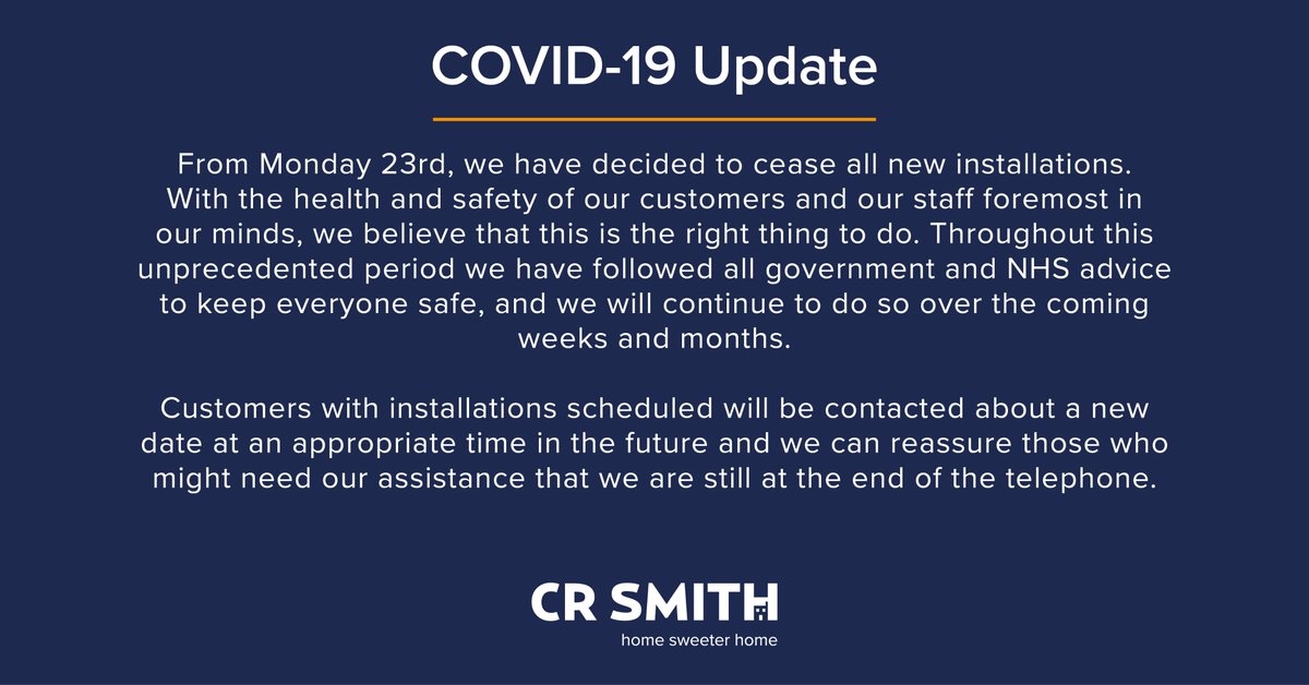 CRSmithTweets's tweet photo. Covid-19 Customer Update. 5/5 
#CRSmith recognises that it has a role in the support of the community at this time and we have offered our resources to the Government to help with critical services. 
We wish you all and your families well at this time. 

#staysafe #stayhome https://t.co/lU1FNfiiH4
