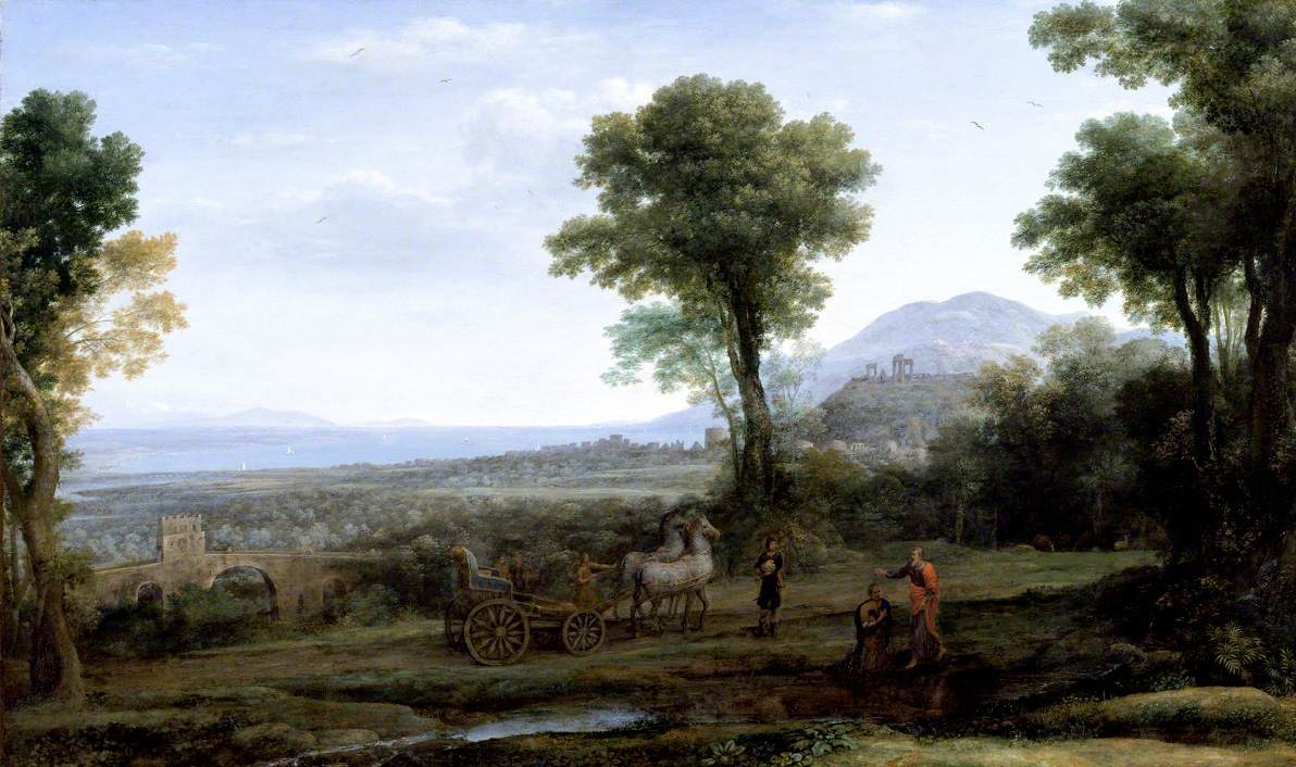 Good afternoon! This is 'Landscape with St Philip Baptising the Eunuch' (1678) by Claude Lorrain. It's from the mid-Baroque when landscapes still had to have some sort of narrative, preferably one that was edifying or educational, as well as human figures for scale.