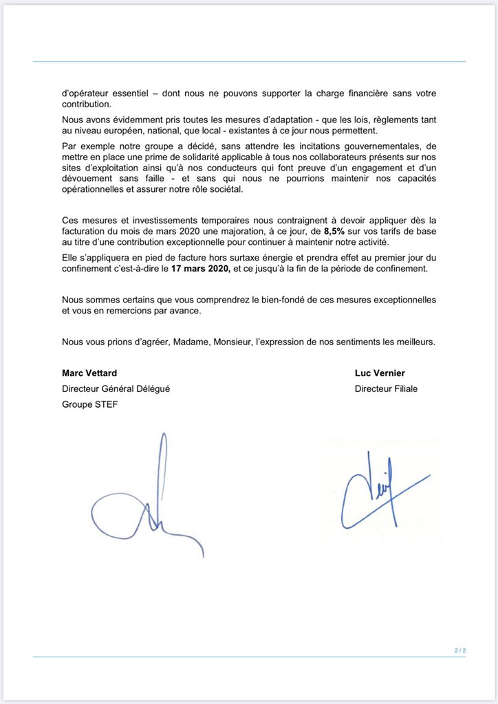 Le transporteur Stef augmente ses tarifs rétroactivement de 8,5% !! Qui va payer ? Le consommateur final bien sûr !!
Superbe notion de la solidarité dans cette entreprise, on s’en souviendra !