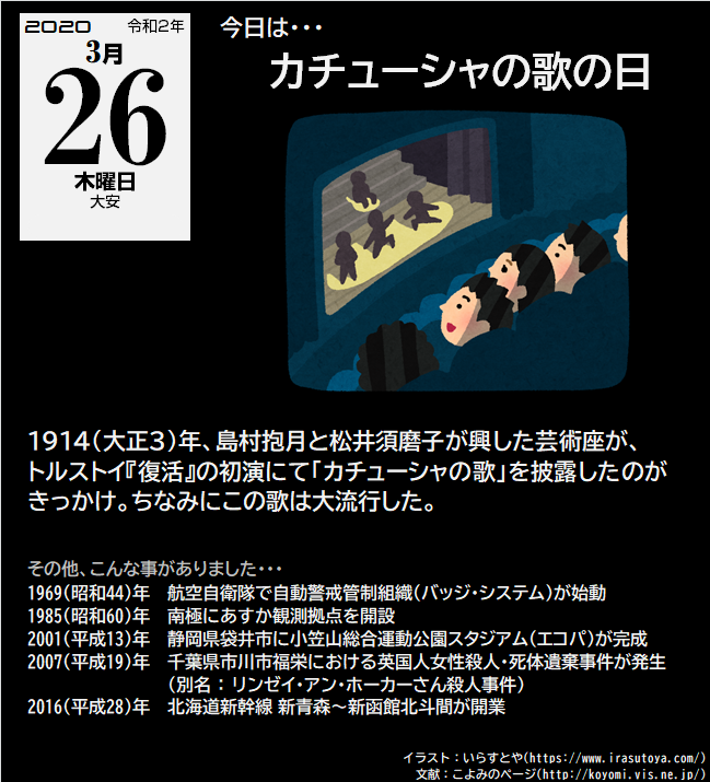 ミリタリーアンケート インフォ ブログ 今日は何の日 3月26日 木 おはようございます 本日は カチューシャの歌の日 です 大正時代に公演された演劇にてこの歌を披露した所 大流行したそうです 今では 流行の歌の入れ替わりが激しい時代になり