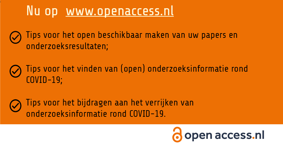 Met vereende krachten hebben we nu op en <a href="/Open_access/">Open Access</a> een pagina ingericht met tips voor #openaccess publiceren van papers en onderzoeksdata. Ook vind je een overzicht van geaggregeerde (open) bronnen rond #COVID-19 onderzoek. 

openaccess.nl/nl/open-access… 

#accelerateopenscience