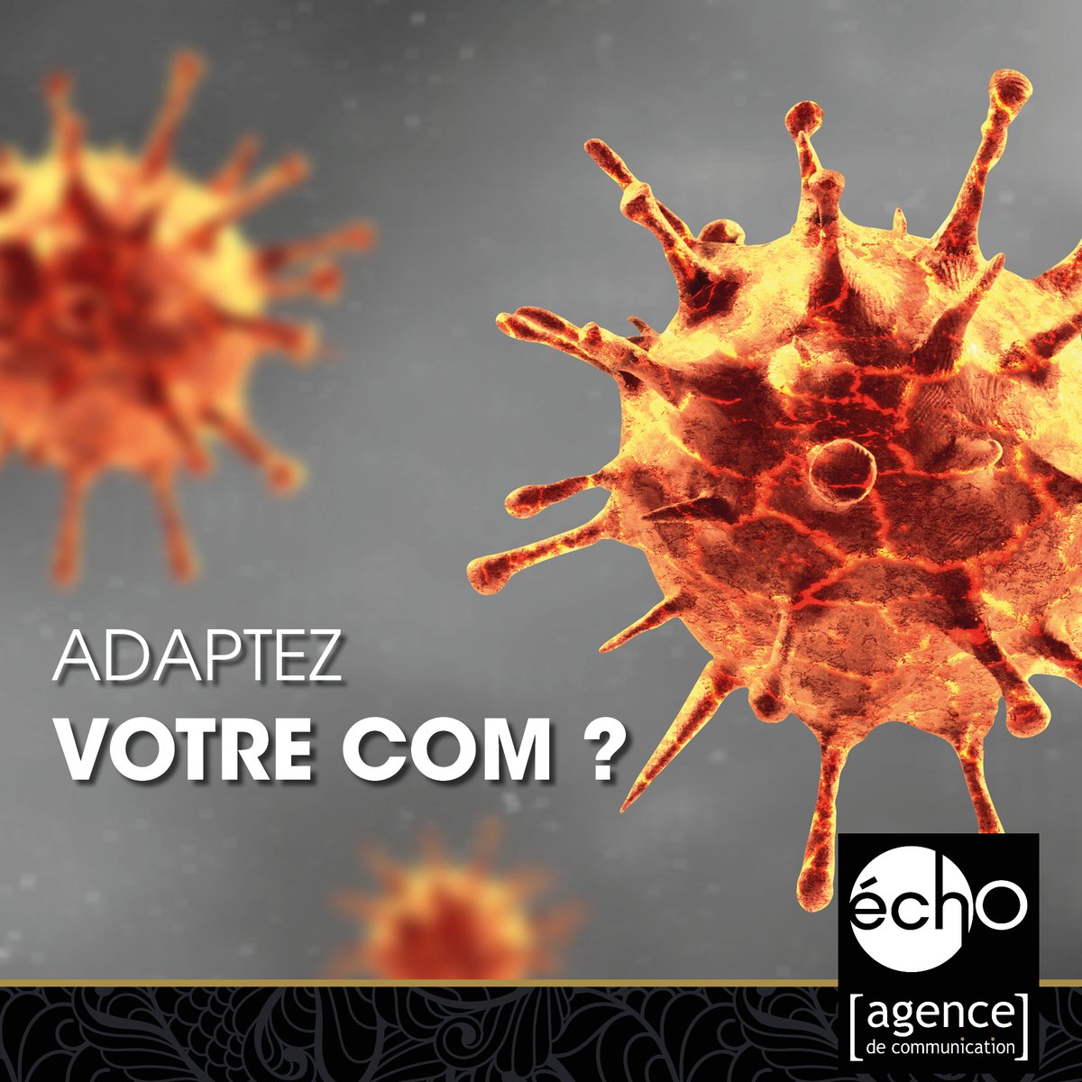 👀Adapter votre communication face au Covid-19 (Coronavirus)
👉Utilisez vos réseaux sociaux
👉Profitez-en pour travailler sur vos projets de fond
👉Préparez votre stratégie pour la relance de votre activité
👉 Informez sur vos nouveautés