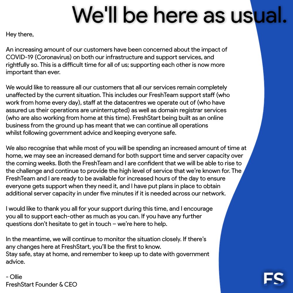 FreshStartHost's tweet image. It's service as usual here at FreshStart despite COVID-19. Stay safe, stay at home and keep up to date with government advice. Here's what we're doing: