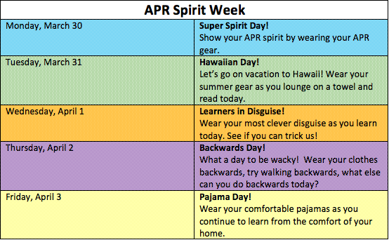 Join us in celebrating our distance learning like champions! 
Each day, dress up as it is described.  Then post a picture of yourself in the comments.  We look forward to seeing your smiling faces! 😀