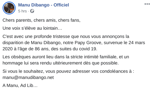 Paris's tweet photo. Manu Dibango est décédé. La Ville de Paris se joint à sa famille et ses proches pour rendre hommage à ce grand musicien. https://t.co/93khhruzYA