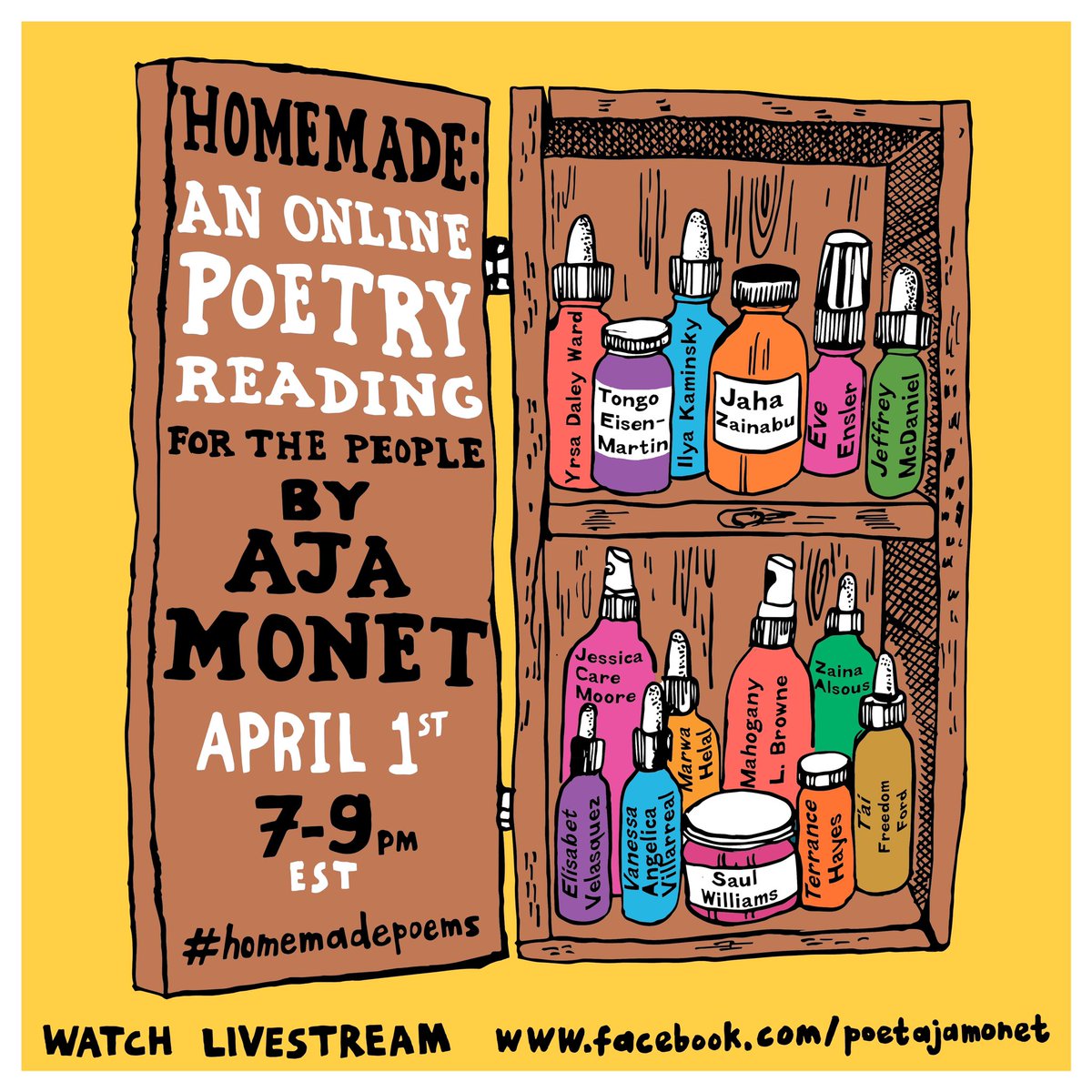 Dear Friends,
I’m organizing a virtual online reading series called, “Homemade: Poetic Remedies for the Times.”  SAVE THE DATE. APRIL 1st 7-9PM est. Each poet is a crucial ingredient in the collective remedy for our healing

@ilya_poet  #terrancehayes #eveensler &more.