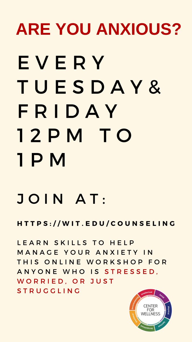 Witwellness's tweet image. Feeling anxious? Join our online Anxiety Workshops every Tuesday &amp;amp; Friday 12pm to 1pm, to join the Tuesday group fill out this link: ow.ly/dDEk50yT1gv for the Friday group use this form:ow.ly/OEUA50yT1aS #BeWellatWIT @wentworthinst @DeanWenner @witproject40