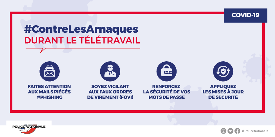 PoliceNationale's tweet photo. [#1erMai] Nous profitons de la fête du travail pour vous rappeler d'être vigilant si vous êtes en #télétravail durant cette période #COVID19. Le confinement engendre en effet une augmentation des risques de #cybermalveillance. Redoublez de prudence pour éviter les escroqueries. https://t.co/eC1Y6t7dgD