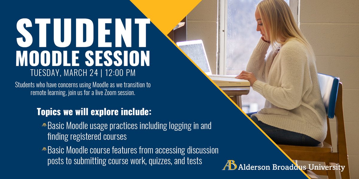 REMINDER: We are hosting a live Zoom session to discuss all things Moodle. The session is designed for students who have concerns using Moodle as we transition to remote learning.

Make sure to check your AB email for all the details and a link to the session.