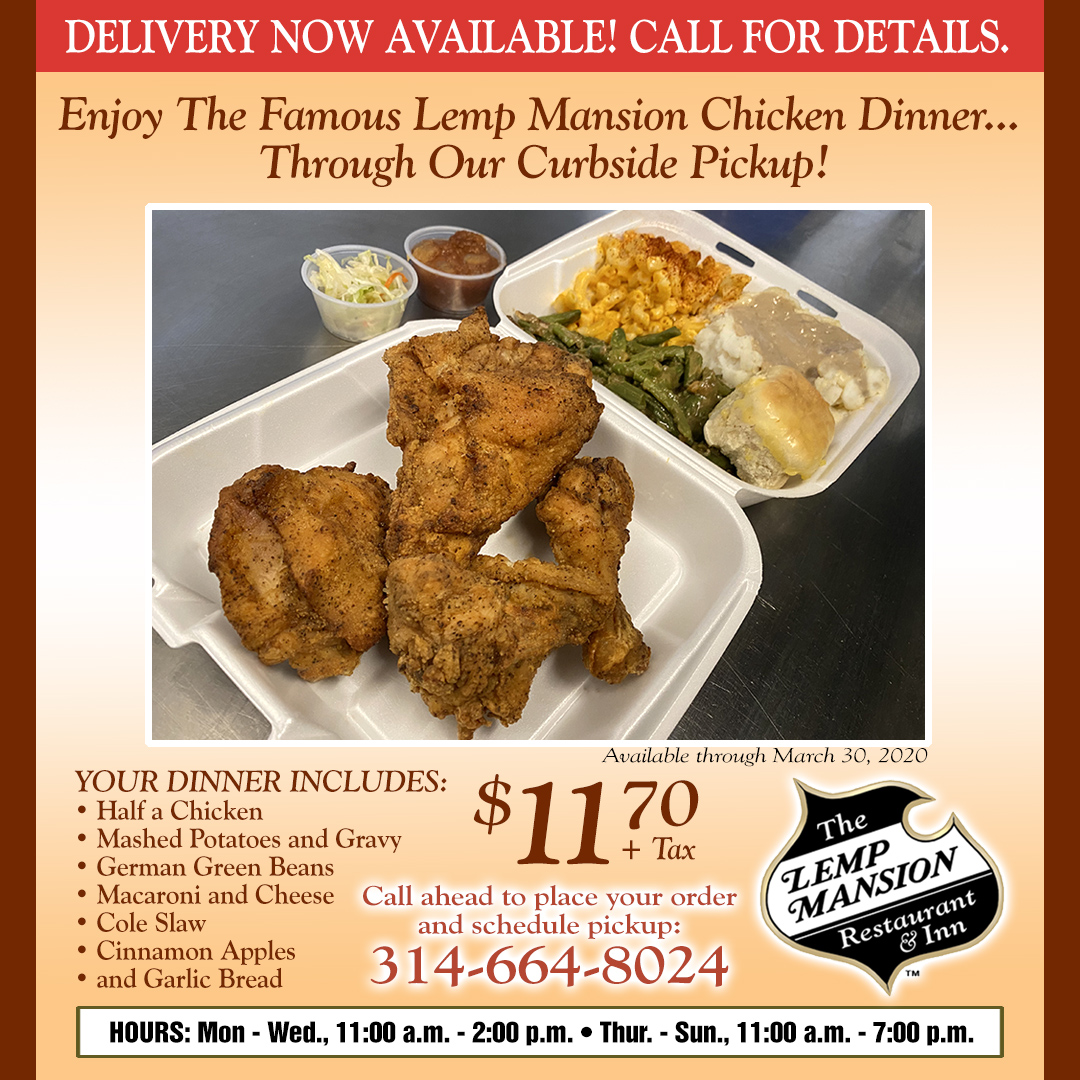 TheLempMansion's tweet photo. The Lemp Mansion famous Chicken Dinner is available for Curbside Pickup or Delivery today from 11am - 2pm! Get your order in and enjoy it at home or work! #StLouis #BentonPark #ChickenDinner #stl #stldining https://t.co/8Y1dXnAq1j
