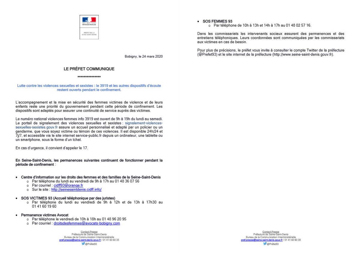 Prefet93's tweet photo. [#COVID19]

🔶Adaptation des dispositifs de lutte contre les violences sexistes et sexuelles à la période de #confinement.

En #SeineSaintDenis, les permanences suivantes continuent de venir en aide aux victimes 👇 https://t.co/GUXctmxSP0