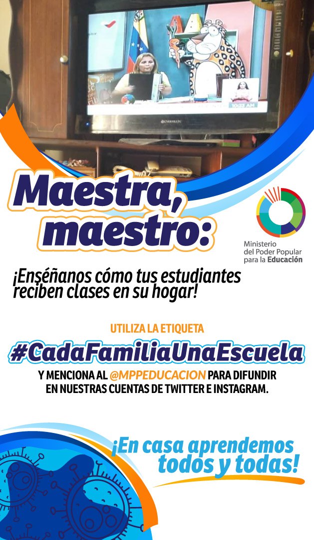 Ya dio inicio nuestro programa televisivo #CadaFamiliaUnaEscuela sintoniza @VTVcanal8 ¡Juntos Todo Es Posible! .@NicolasMaduro @psuvaristobulo #VenezuelaCombateAlCovid19 
@MPPEDUCACION @RosangelaOrozco @JorgePerezVZLA @prof_ebbert @RMarcoTorres