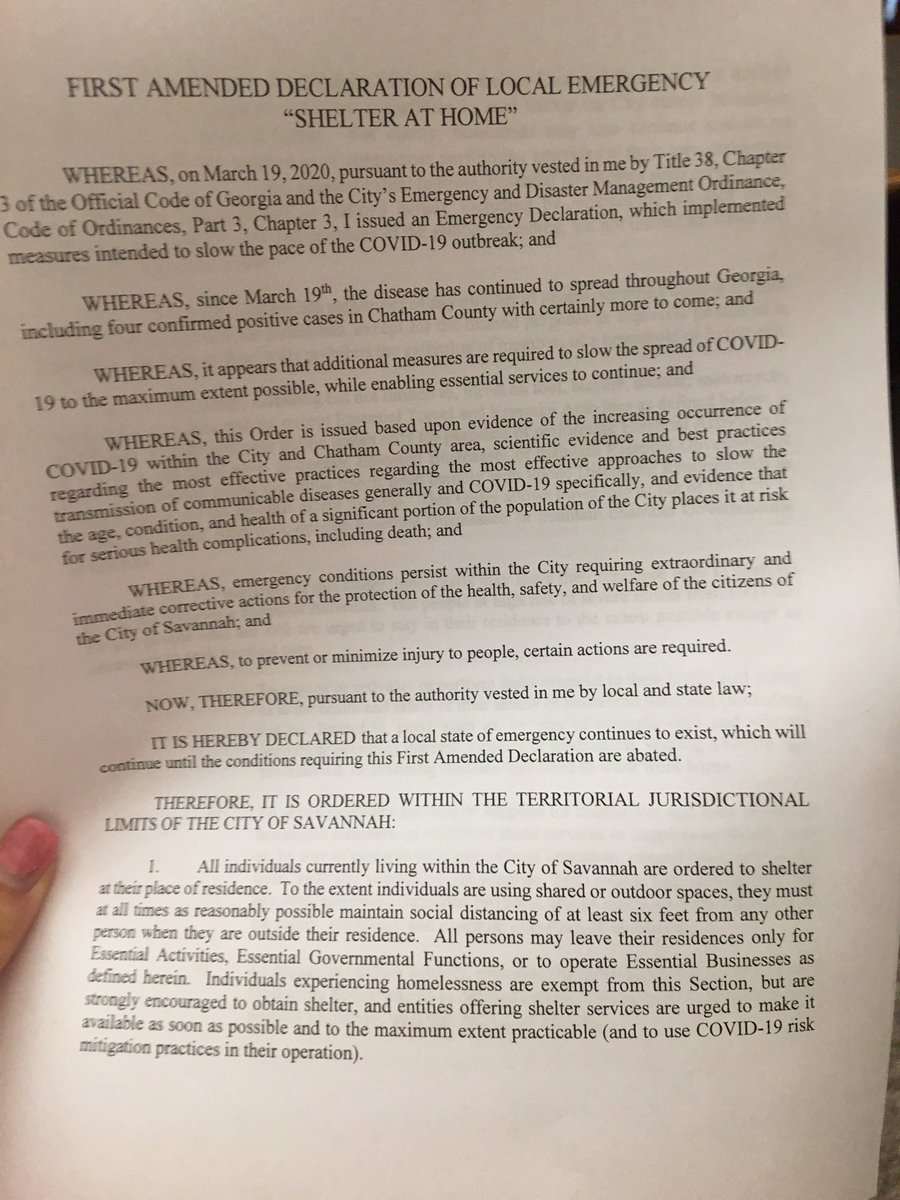 KatieWTGS's tweet photo. #BREAKING: Savannah Mayor Van Johnson announces local emergency declaration to shelter in place. That means only essential businesses may remain operational. “That means if you’re not working or shopping for groceries, stay home.” https://t.co/QNZBMuVk6f