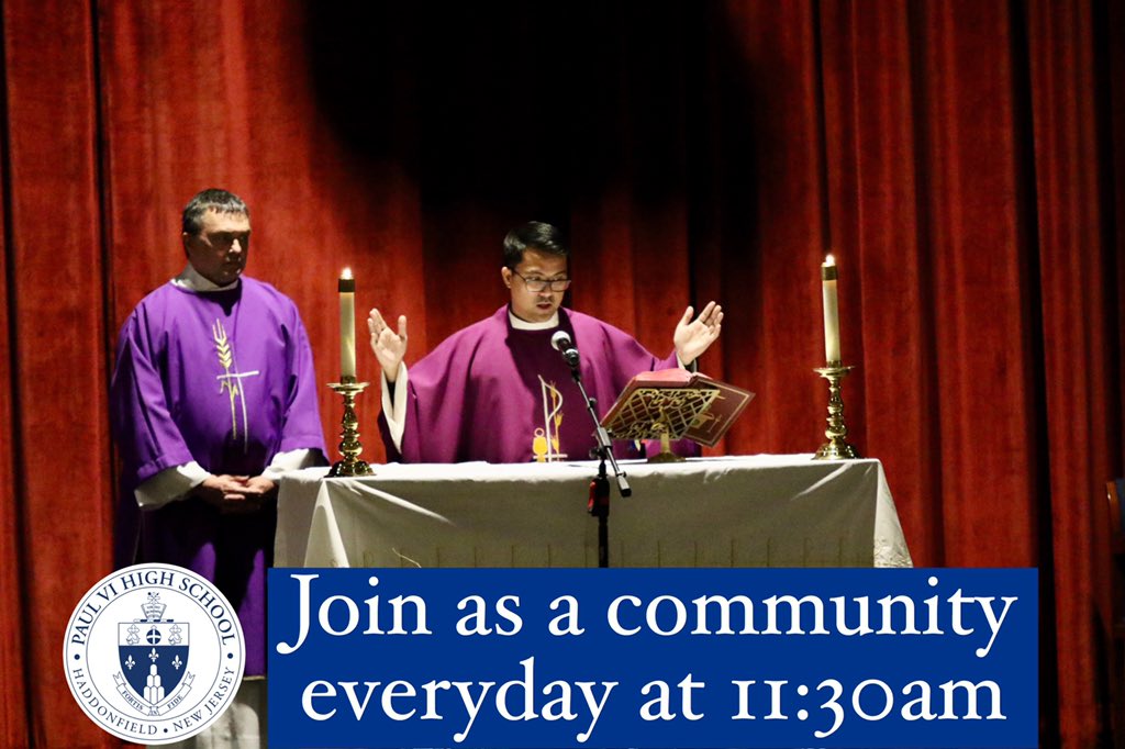 Paul_VI's tweet photo. Father Dexter is saying mass each day at 11:30am. Take a break and make this part of your new normal. You can watch the daily mass on Facebook Live each day. We encourage our whole community to join us. Stay healthy, stay positive, and stay home. #pvihs #remoteeagles 🦅 https://t.co/kpnAdM4DWI