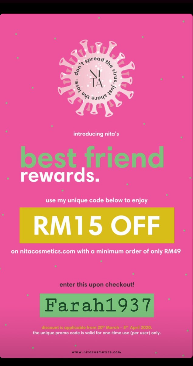 farah_raina27's tweet image. Whoever wanna purchase @nitacosmetics can use my discount code Farah1937.. Valid until 5 April 2020 only.. #dontspreadthevirus #spreadthecode #enjoyshopping #nitacosmetics
