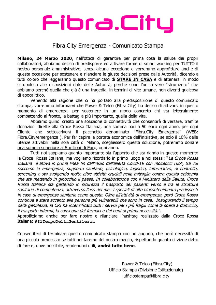 FibraCity's tweet photo. @FibraCity ha deciso di agire concretamente per sostenere chi è in prima linea nella lotta al #CoronaVirus. Per questo motivo abbiamo creato https://t.co/zhH2gY39UH. Per ogni sottoscrizione doneremo 50 € alla @crocerossa.
#IlTempoDellaGentilezza https://t.co/mxku5mTWXw