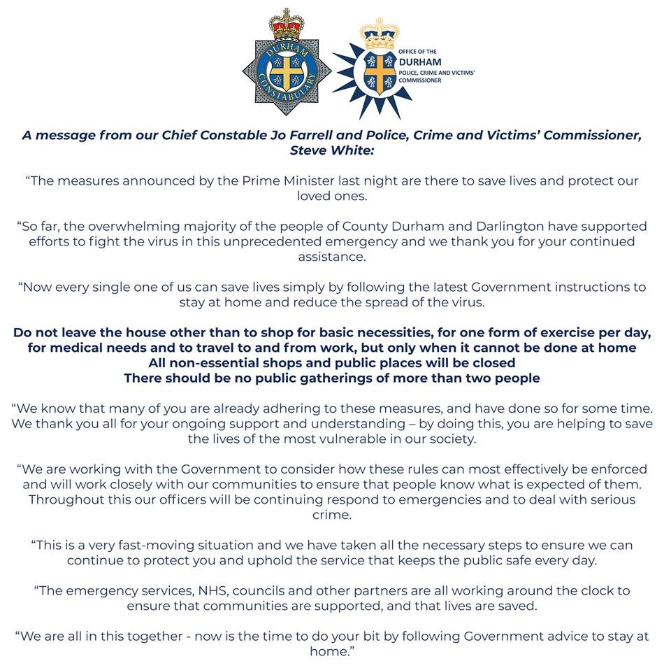 We stay at work so you don’t have to! Please stay at home it is a simple request and it could save lives #StayAtHomeSaveLives #UKlockdown <a href="/DurhamPolice/">Durham Constabulary</a>