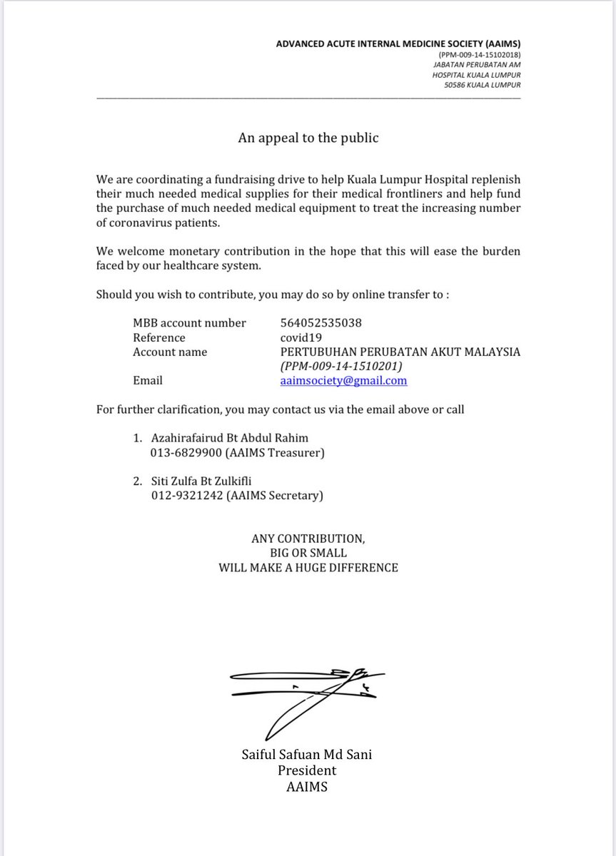 Hospital Kuala Lumpur needs your help to replenish medical supplies for increasing number of COVID-19 patients. Please help spread this :)