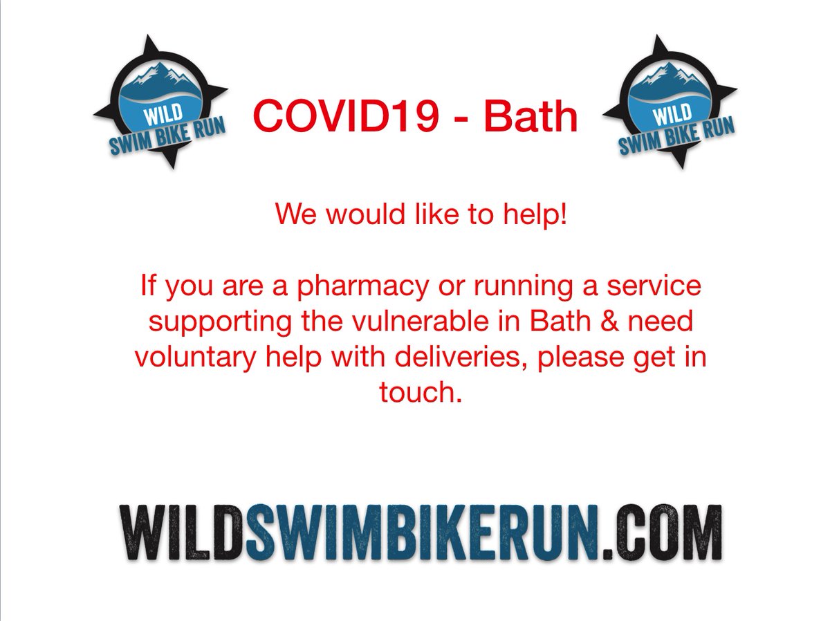 WildSwimBikeRun's tweet photo. Can we help? If u know somebody in ur network in need, please 4ward our offer :) @bathindiechat @Wera_Hobhouse @banes3sg @nhs @bathlive @BathEcho 
@bbcsomerset @itvwestcountry https://t.co/cwZrZW1d2J