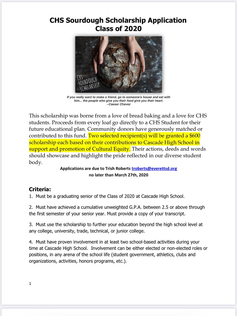 Sourdough Scholarship application is due this Friday! Check CHS Library page for application form. 
everettsd.org/domain/1897