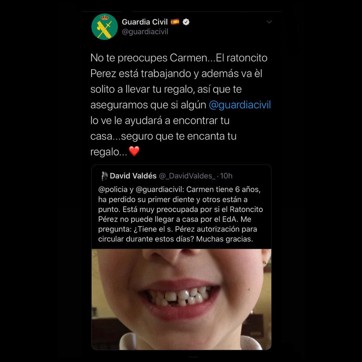 cendoperio's tweet image. En estos momentos tan difíciles hay historias muy bonitas, de esas que nos sacan una sonrisa y que hacen de un día gris como el de hoy, un día mejor.

Gracias @guardiacivil por contestar y dar respuesta siempre que es necesario ❤️❤️