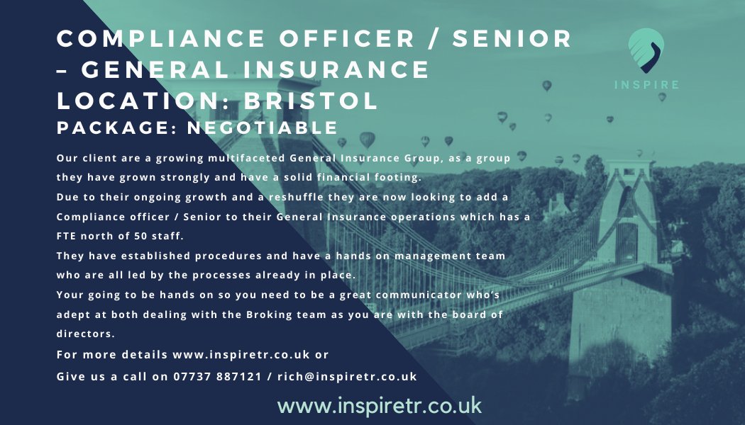 #Newopportunity
Compliance Officer / Senior – General Insurance
Location: Bristol
Package: Negotiable
For more details buff.ly/2L9nx1G or 
Give us a call on 07737 887121 / rich@inspiretr.co.uk
#insurancejobs #inspire #jobs #bristoljobs