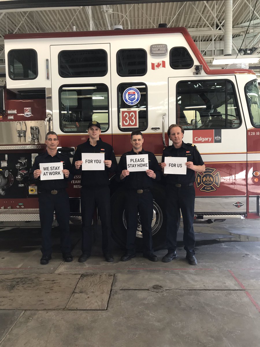 We are on the frontlines day &amp; night keeping Calgarians safe 
Calgarians need to stay home &amp; self-isolate Our members are leaving their families &amp; loved ones at home to keep you safe Please keep us safe by staying home #FlattenTheCurve #SocialDistancing 
#yycfire #youcallweanswer