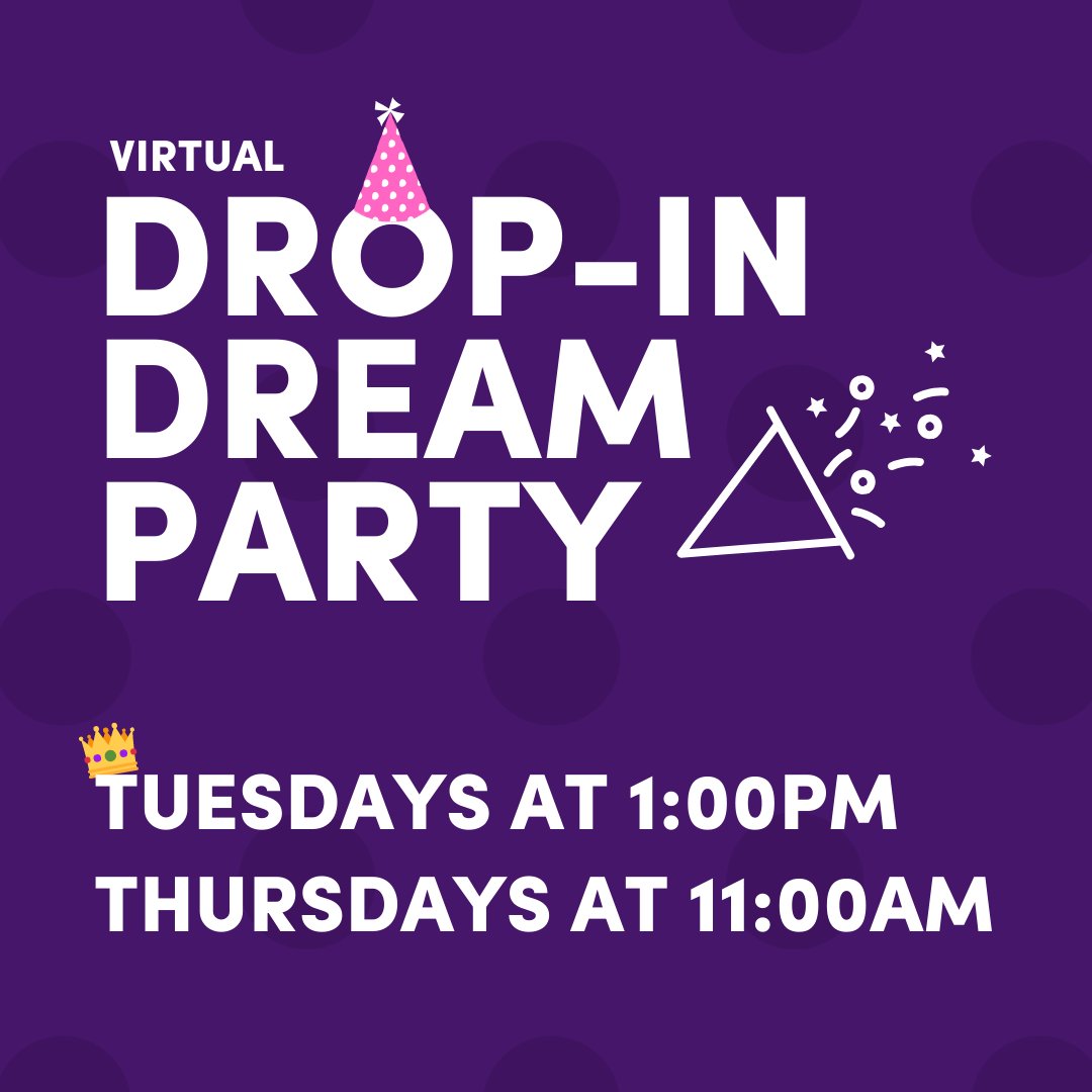 Starting Thursday March 26th, join us for virtual 💻 Drop In Dream Parties! Special guests will include Princesses from <a href="/PartiesHeather/">Heather's Pretty Parties</a> 👸+ familiar faces from our community🎉No need to RSVP - just drop in! Tell your friends, mark your calendars 📅+ stay tuned for more details!