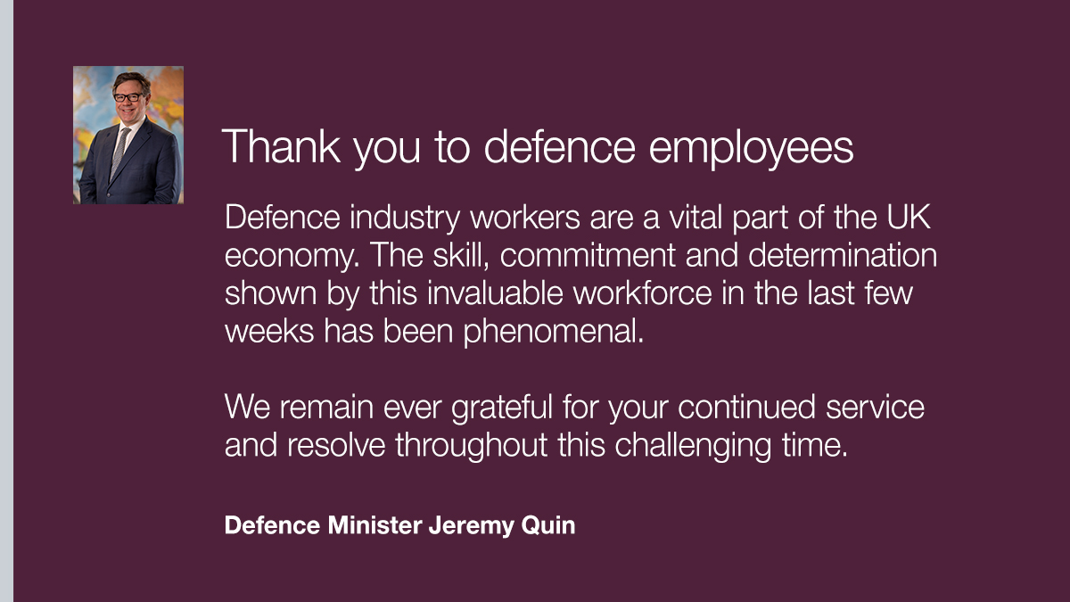 DefenceHQ's tweet image. 📣Employees across defence are continuing in their roles as key workers to ensure defence maintains its critical services at this unprecedented time. #InThisTogether  

Find out more 👉 ow.ly/glKP50yUhy8 and see the full statement from Defence Minister Jeremy Quin below👇