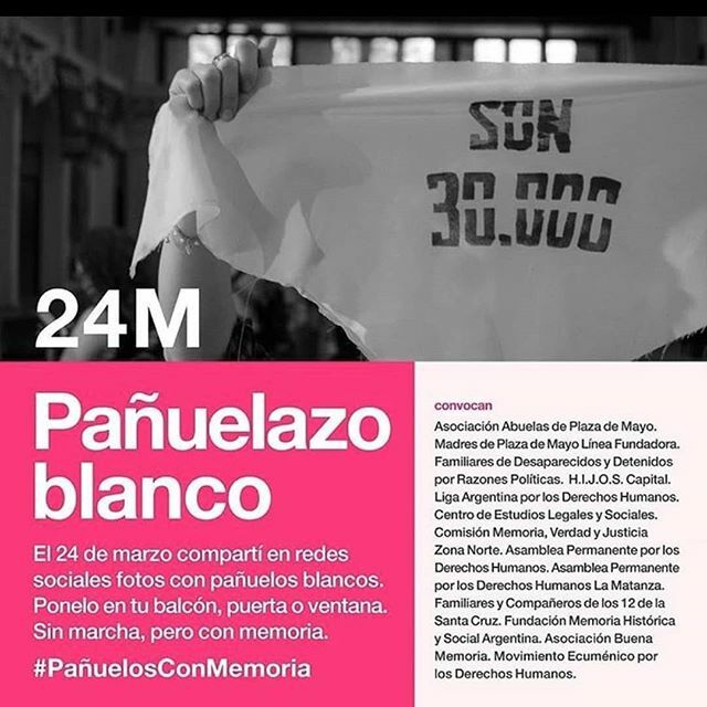 Sin marcha, pero con memoria.
Hoy 24 de marzo, compartí en redes sociales fotos con pañuelos blancos.
Ponelo en tu balcón, puerta o ventana. 
#PañuelosConMemoria #NuncaMas #MemoriaVerdadyJusticia #QuedateEnCasa ift.tt/2UAKflg