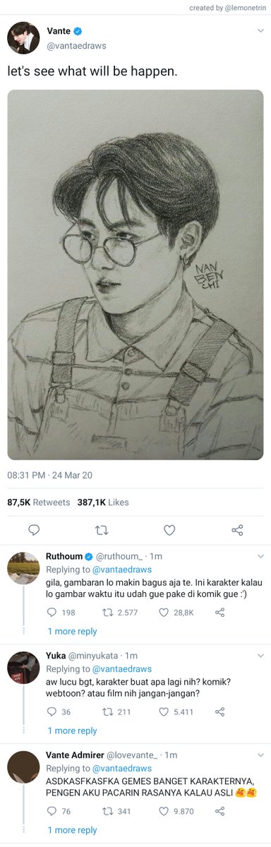 lemonetrin's tweet photo. × TAEKOOK AU ×

• Magicae •
Taehyung itu seniman, dia beli alat gambar baru buat projectnya. Ternyata alat gambar itu bisa mengubah sketsanya menjadi kenyataan. Isenglah dia buat satu karakter, apa yang terjadi? karakternya hidup dan bernapas. https://t.co/ZgwY4UnNmD