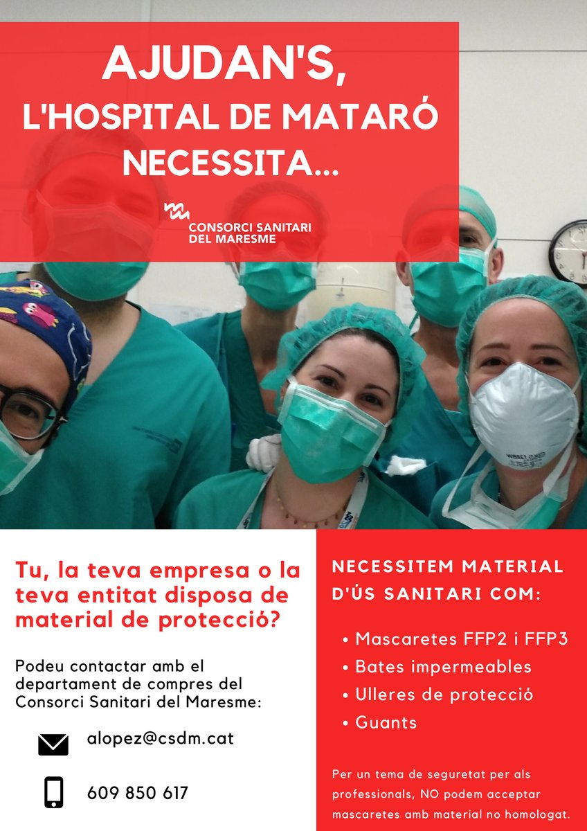 ajpremiademar's tweet photo. ‼️ ATENCIÓ: l'Hospital de Mataró necessita material d'ús sanitari:  mascaretes FFP2 i FFP3, bates impermeables, ulleres de protecció i guants.

👉Si la vostra empresa o entitat en té, contacteu-hi: 

📞 609 850 617
📧 alopez@csdm.cat

#coronavirus #JoEmQuedoACasa #PremiàDeMar https://t.co/NNkhrFe41r