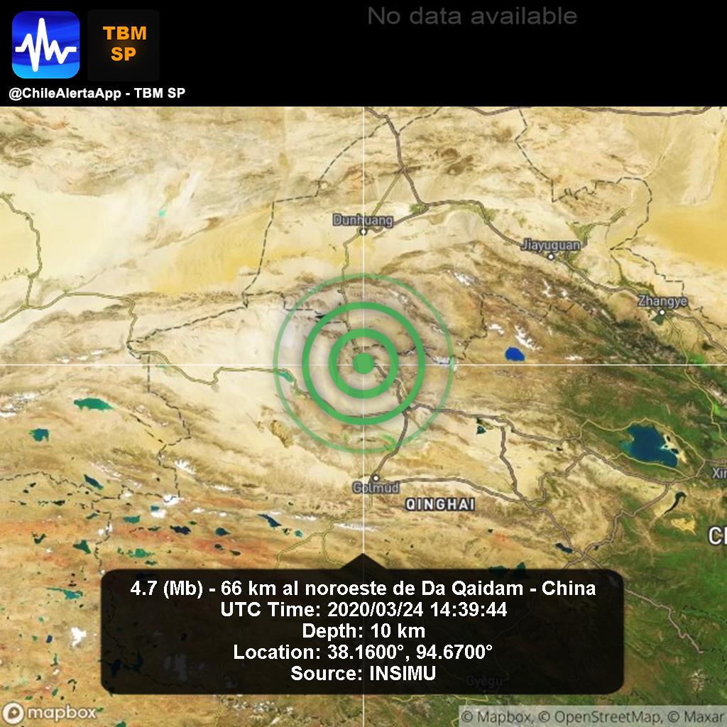 ChileAlertaApp's tweet photo. New #Earthquake. 🌎
4.7 (Mb) - 66 km al noroeste de Da Qaidam - China.
2020/03/24 14:39:44 UTC.
#DaQaidam-China App: https://t.co/e1jlc9uim5 #Temblor #Sismo #alert https://t.co/NkNvqMfUZ0