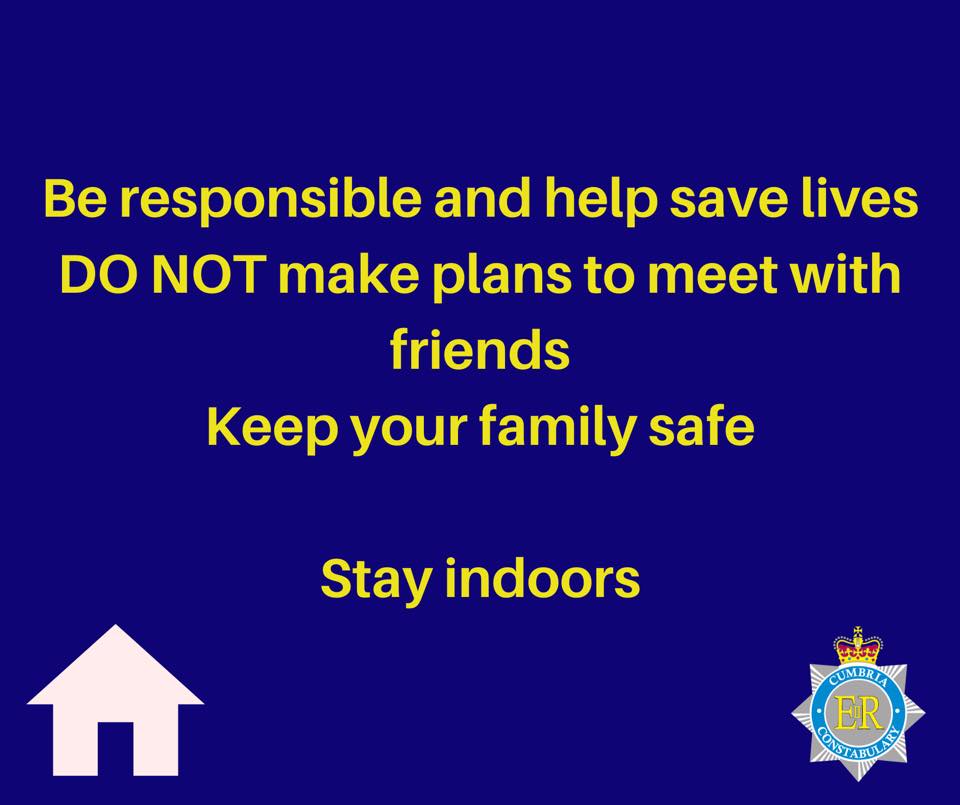 Cumbriapolice's tweet photo. A reminder to all young people to please stay inside. 

It is now your duty to keep your parents, siblings and elderly relatives safe and the only way to do this is by staying at home.

We have dealt with some serious anti-social behaviour recently and it will not be tolerated. https://t.co/q5bupl2hIJ