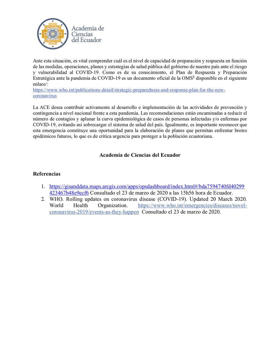 CienciasEcuador's tweet photo. Como Academia de Ciencias del Ecuador publicamos la siguiente carta dirigida al Ministro de Salud en relación al COVID-19. El Ecuador cuenta con científic@s muy capacitados dispuestos a ayudar en este momento! @CienciasEcuador @Lenin @Salud_Ec @DrJuanCZevallos @CientificasEC https://t.co/SUeBdpyiXi