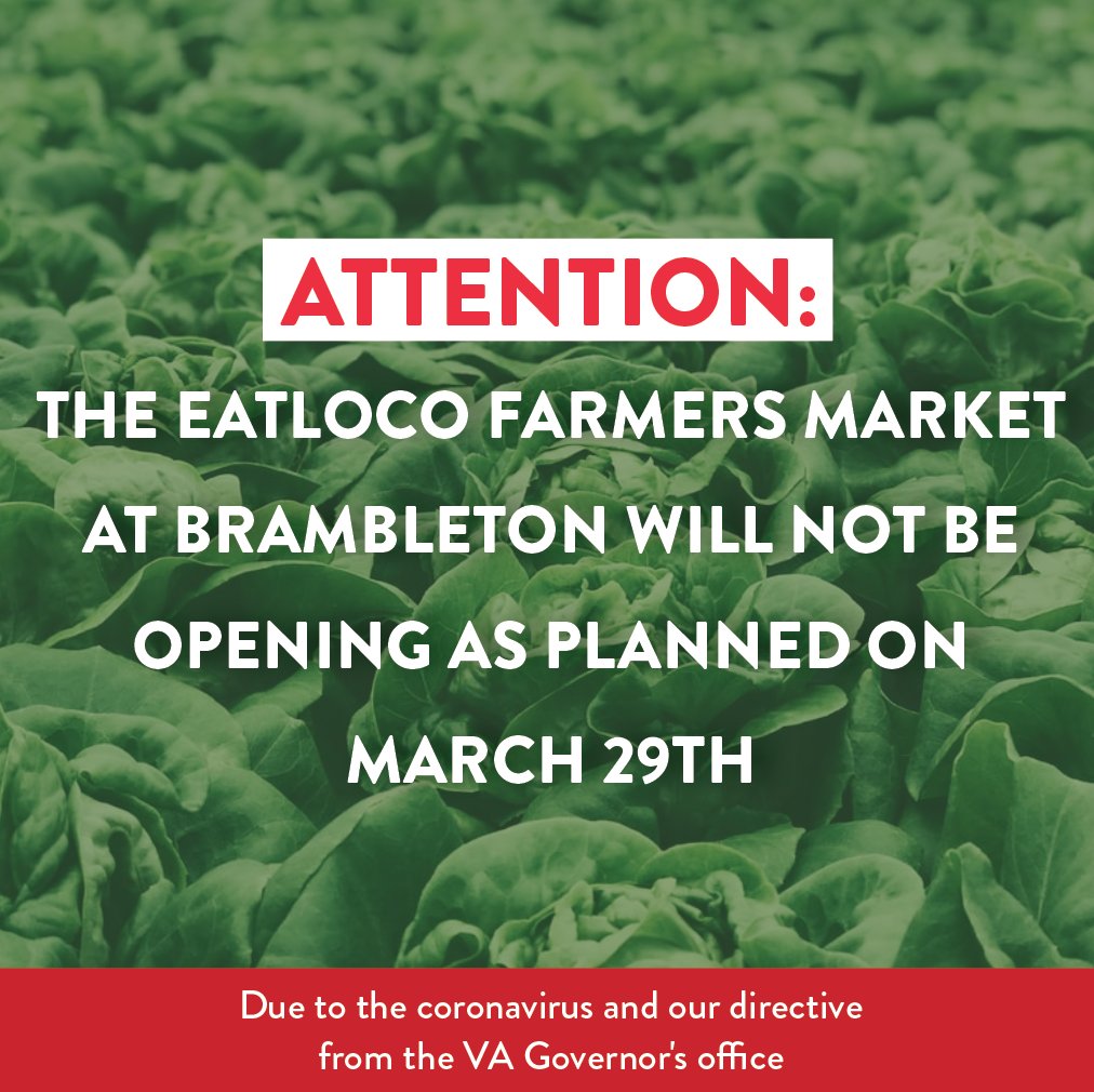 Dear EatLoco Customers,

Unfortunately, due to the Coronavirus, we will not be opening the #EatLoco Farmers Market at Brambleton this coming Sunday March 29th. We will be rescheduling the Season Opening of the #Brambleton Market for a later date, please stay tuned for that.