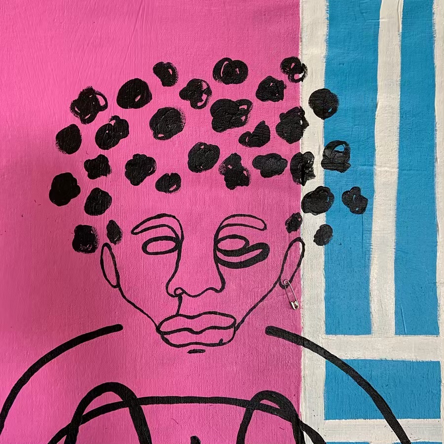 Mixed media works by British nonbinary artist Joy Yamusangie, 2010s, known for their bold, bright works combining elements of poetry, memory, dreams, and portraiture