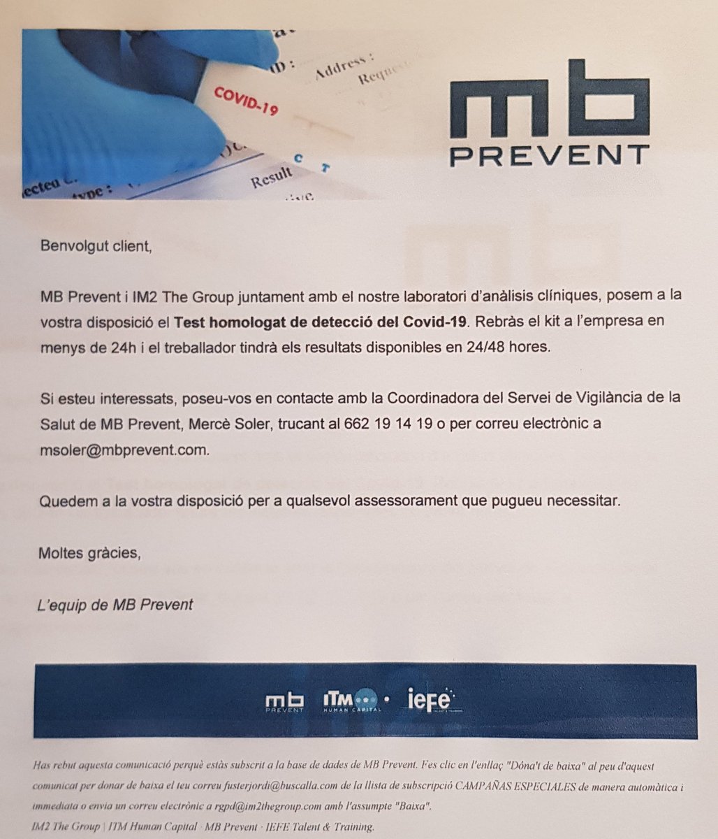 Jordi_Selga_F's tweet photo. Quan la teva empresa externa de prevenció de riscos laborals #mbprevent et comunica t'ofereix el test homologat de detecció del COVID-19 et fa sentir orgullós del servei que tens contractat.
Gràcies mb PREVENT 👏👏
#FusteriaIntegralJordiSL https://t.co/24cqUmOMz6