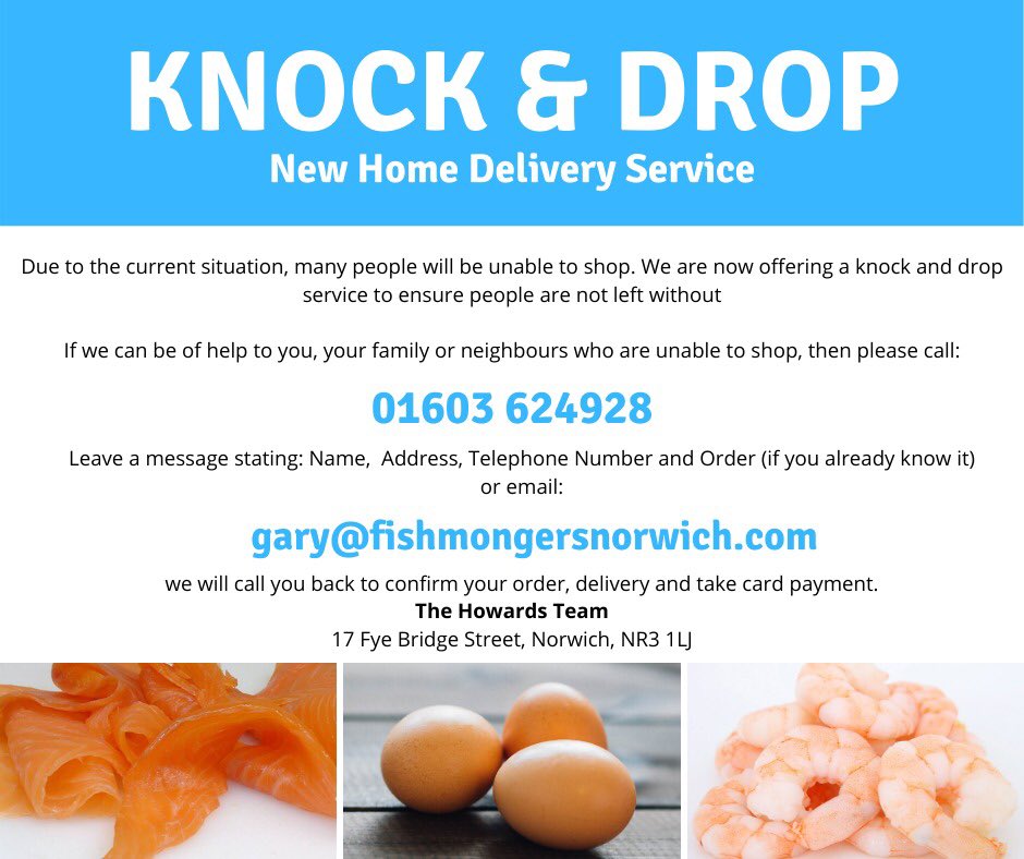 LastWineBar's tweet photo. Many of our wonderful local suppliers are open for business and adapting to provide a service in these difficult times.

@HowardsFish is offering a 'Knock and Drop' delivery service. 
Their shop is also open.

Full details at https://t.co/aUUEH7RycU

#supportoursuppliers https://t.co/qokTxQx7Ki