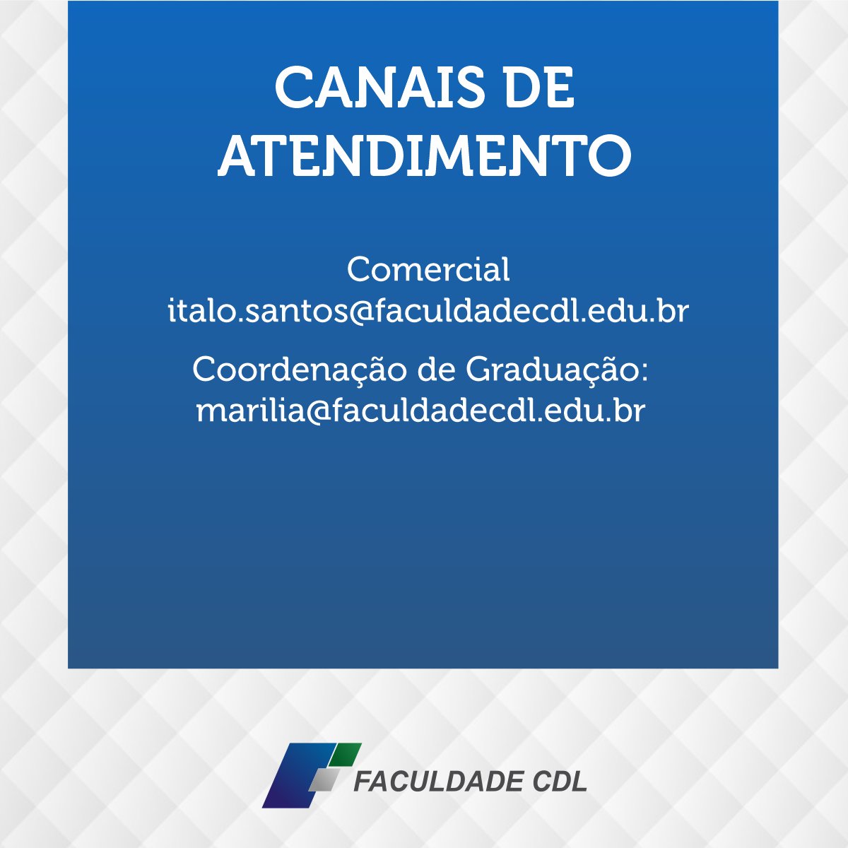 FaculdadeCDL's tweet photo. Neste período de #quarentena, estamos adotando medidas para atendê-los on-line. A partir desta semana, vocês podem contatar os setores de atendimento da Faculdade CDL por meio dos endereços de e-mail nas imagens, tirar suas dúvidas, fazer solicitações, dentre outras demandas. https://t.co/6FcoT1yd8k